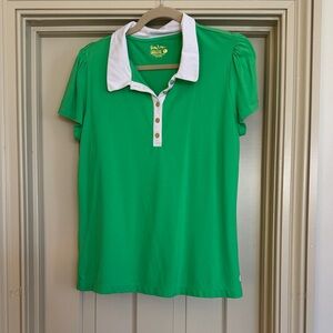 Lilly Pulitzer Green Polo with White Collar and Gold Buttons- Size L